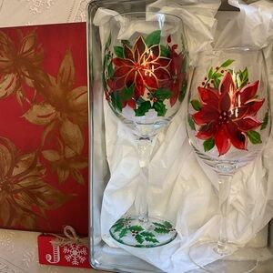 Poinsettia Wine Stems + Matching Gift Tin NEW 3pc Lot